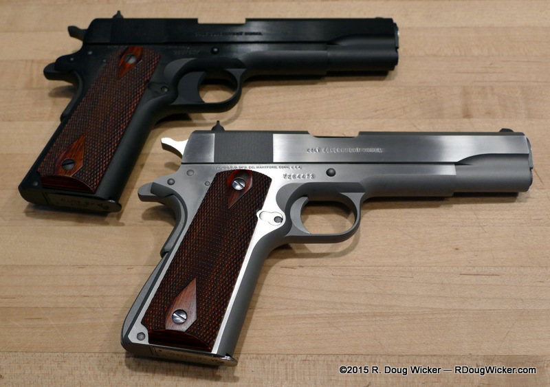 Colt M1991A1 (blue, top); Colt Mk. IV Series 70 (stainless, bottom)